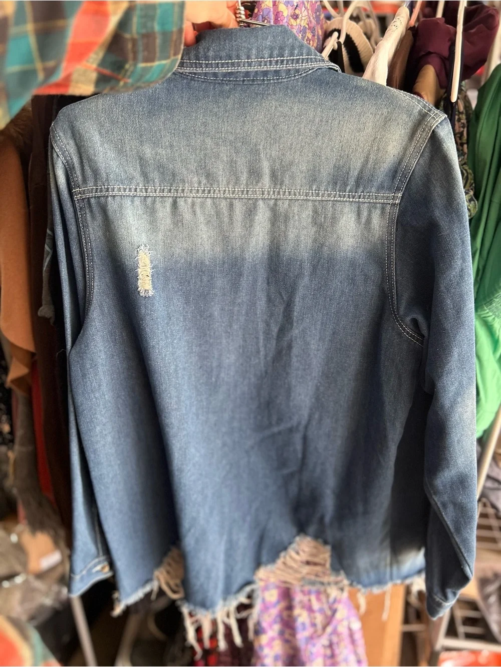 Classic Medium Blue Denim Shirt Jacket distressed with Lady Bug pin - Picture 6 of 6